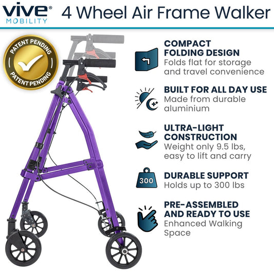 Four-Wheel Folding Air-Frame Walker With Hand Brakes - Mobility & Transfer Equipment