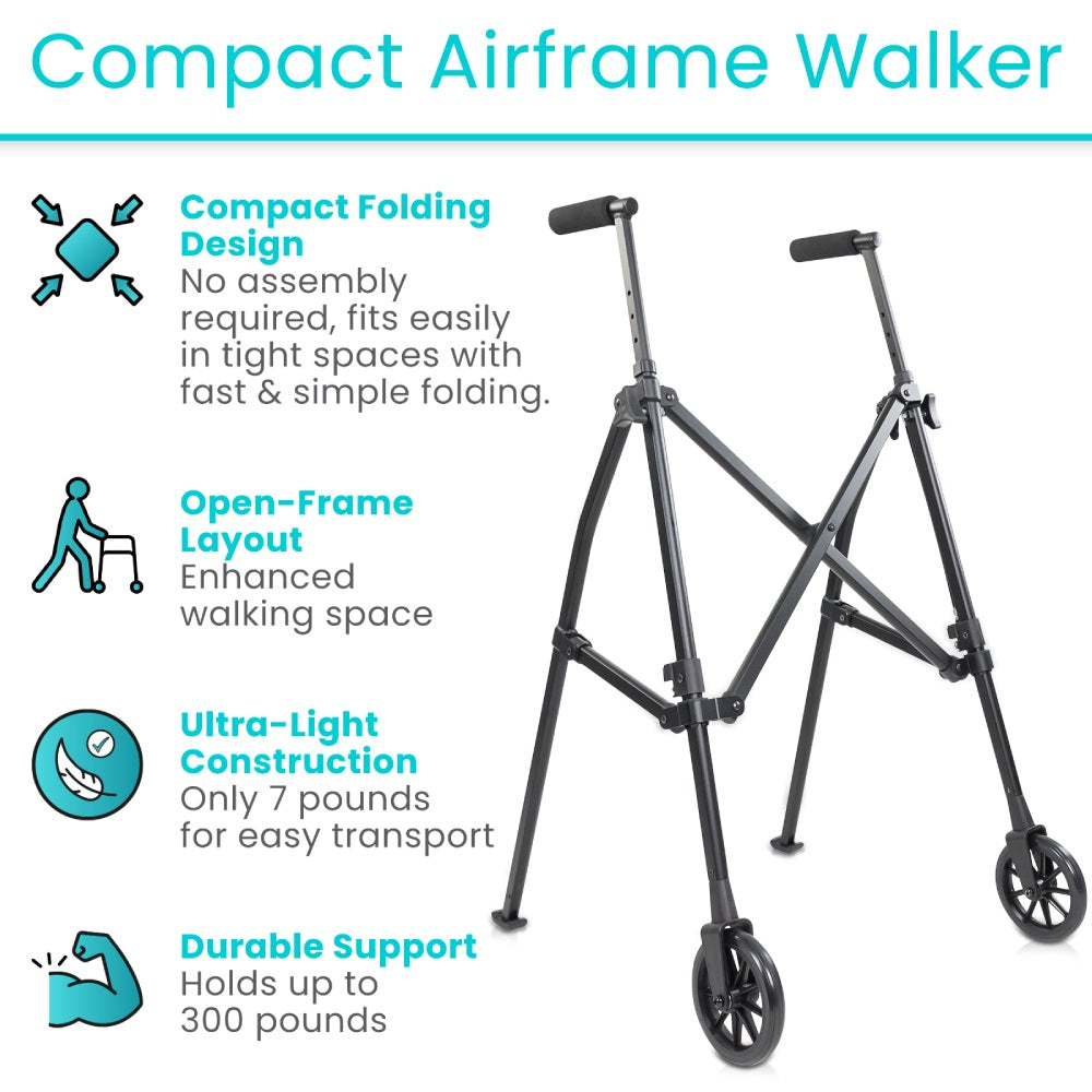 Compact Folding Airframe Walker With Front Wheels And Ski Glides - Mobility & Transfer Equipment