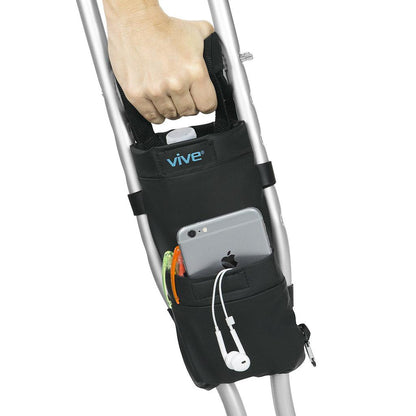 Crutch Storage Bag With Dual Pockets Adjustable Waterproof Pouch - Black - Crutch Storage Bag