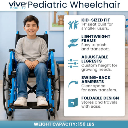Folding Pediatric Wheelchair With 14-Inch Seat And 150-lb Capacity - 14’’ - Mobility & Transfer Equipment