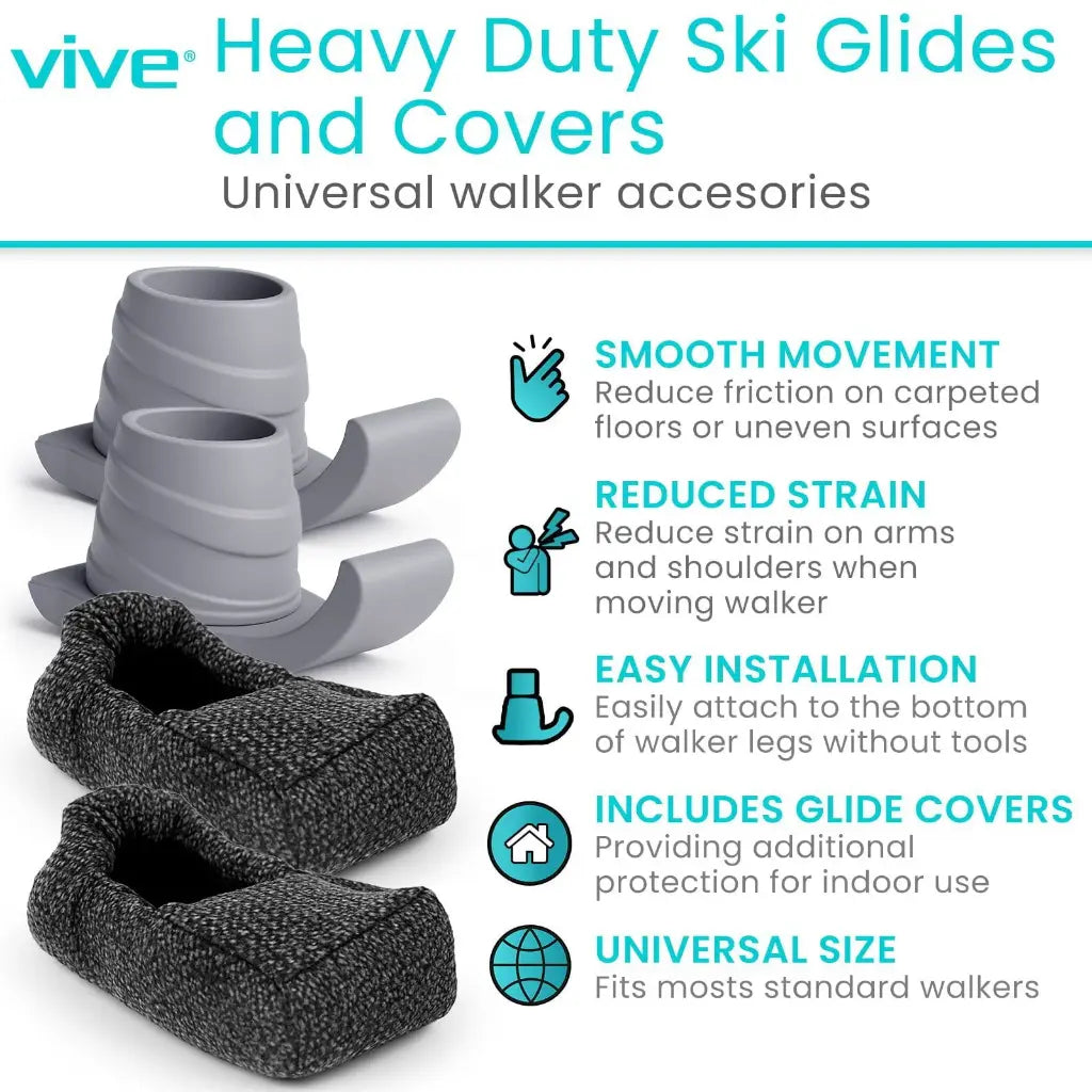 Heavy-Duty Walker Ski Glides With Protective Covers - Grey - Mobility & Transfer Equipment