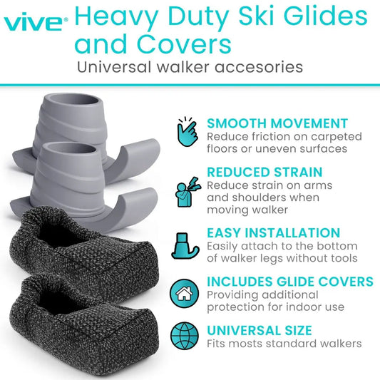 Heavy-Duty Walker Ski Glides With Protective Covers - Grey - Mobility & Transfer Equipment