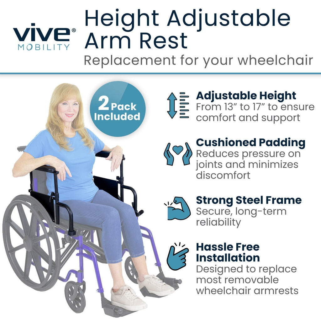 Height-Adjustable Wheelchair Armrests, Pair With Padded Supports - Mobility & Transfer Equipment